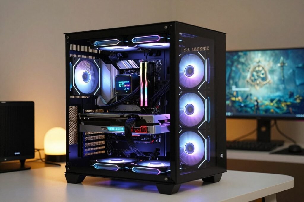 Modern gaming PC build with RGB lighting running Elden Ring