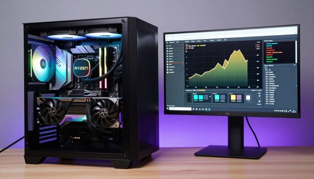 Modern gaming PC build with high-end GPU and CPU paired with appropriate gaming monitor