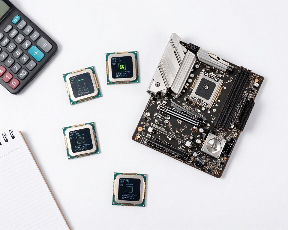 Modern gaming PC components laid out showing power consumption requirements calculation
