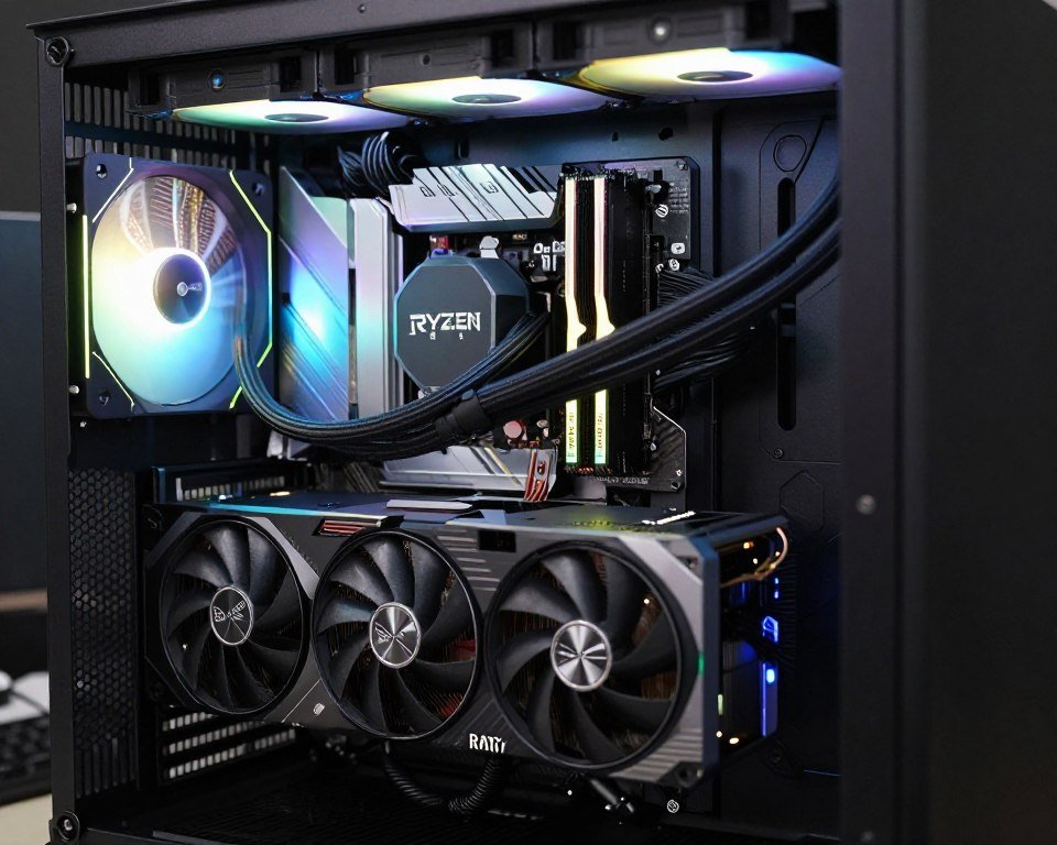 Modern gaming PC components showing RTX 5070 and Ryzen 9800X3D for HPET testing