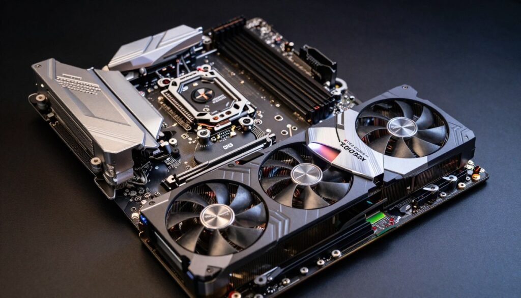 Modern gaming PC motherboard with chipset and GPU installed