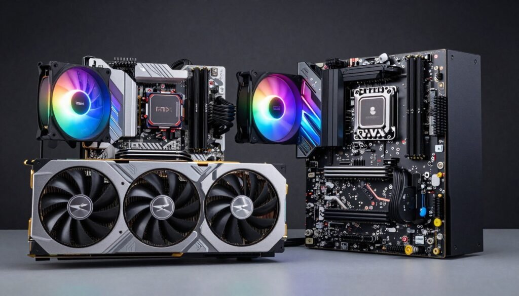 Modern high-end gaming PC components showcasing latest RTX 50-series GPU