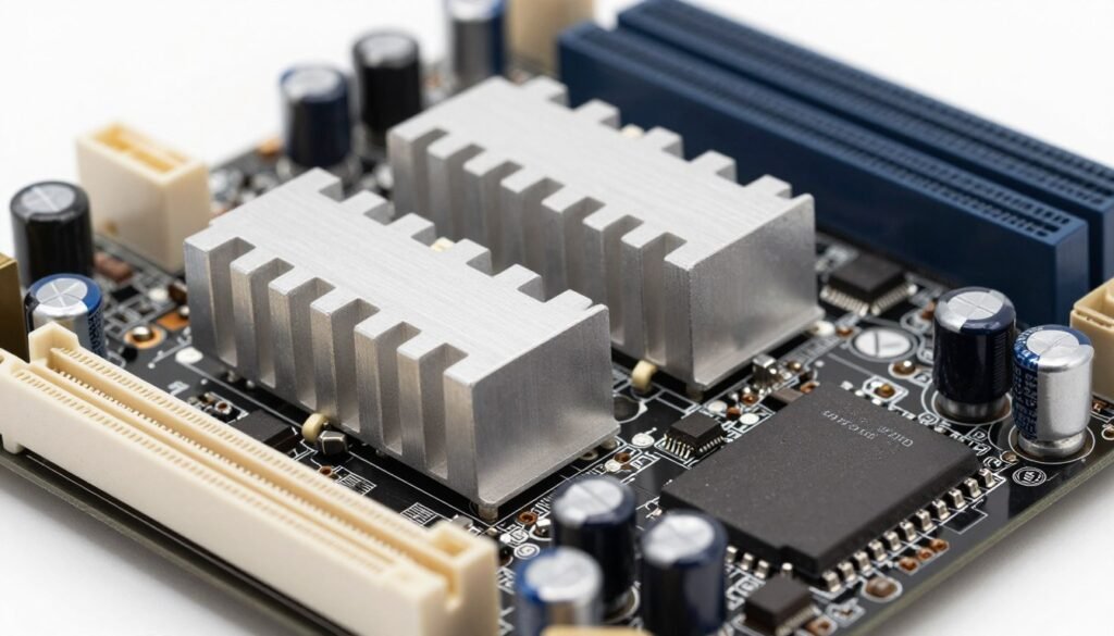 Motherboard VRM heatsink and power delivery system close-up