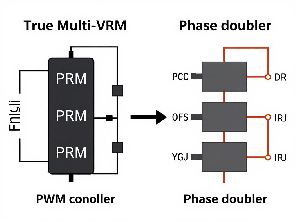 Motherboard VRM phase diagram comparing true phases versus doubled phases showing power delivery architecture