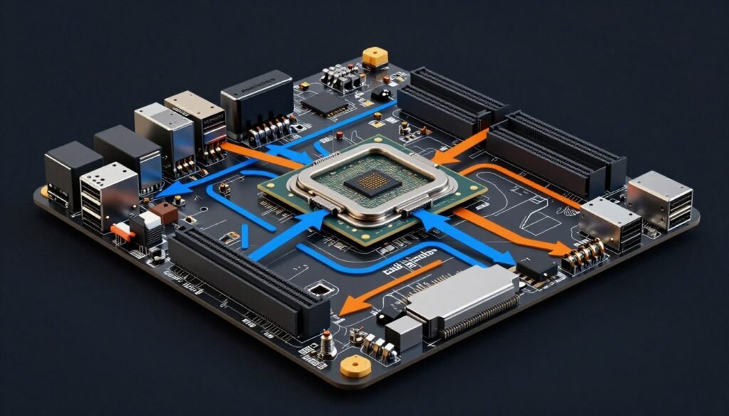 Motherboard chipset architecture diagram showing data pathways