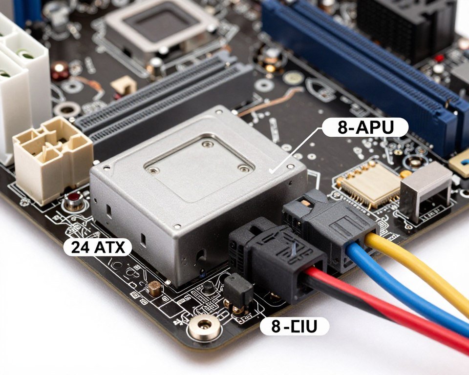 Motherboard power connectors properly connected including 24-pin ATX and 8-pin CPU power