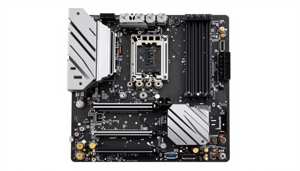 Motherboard rear I/O panel showing USB ports, Ethernet, and audio connections