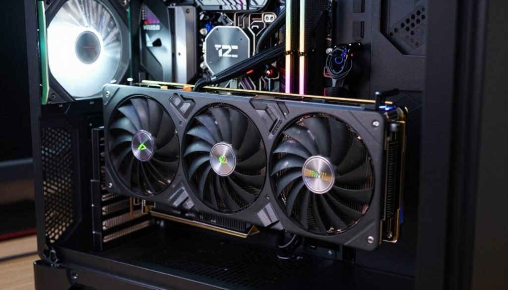 NVIDIA RTX 4070 graphics card installed in gaming PC with RGB lighting