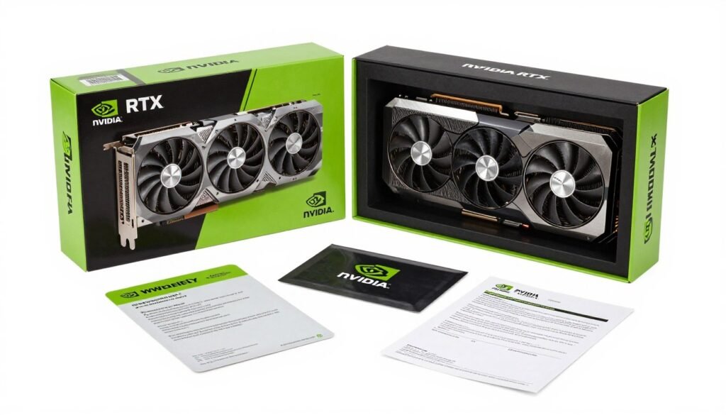New graphics card in retail packaging with warranty documentation and accessories