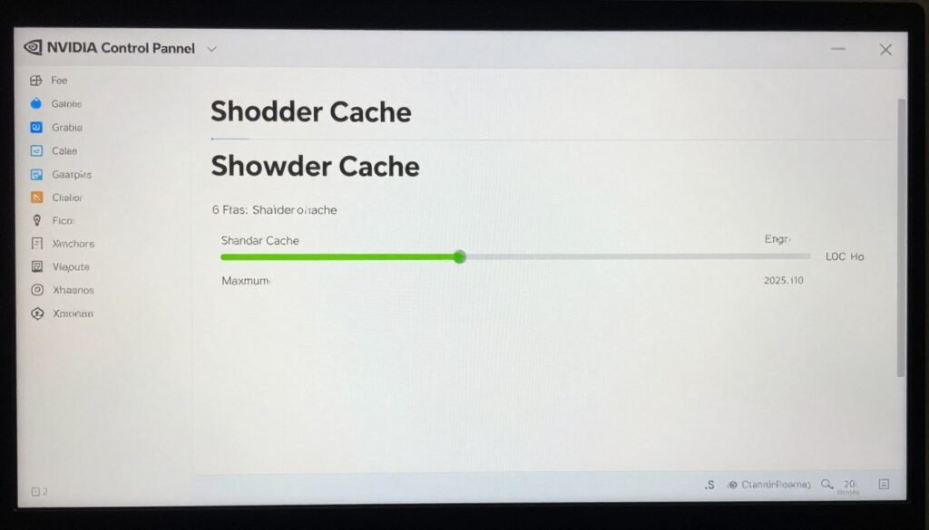 Nvidia Control Panel shader cache settings showing maximum cache size configuration and shader compilation fix options Nvidia Control Panel shader cache settings showing maximum cache size configuration and shader compilation fix options