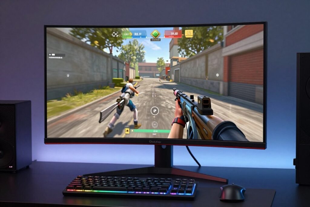 OLED gaming monitor displaying competitive FPS game with perfect motion clarity and no ghosting