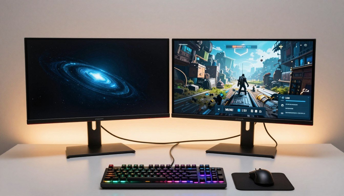 OLED gaming monitor displaying vibrant colors next to Mini-LED monitor in desk setup
