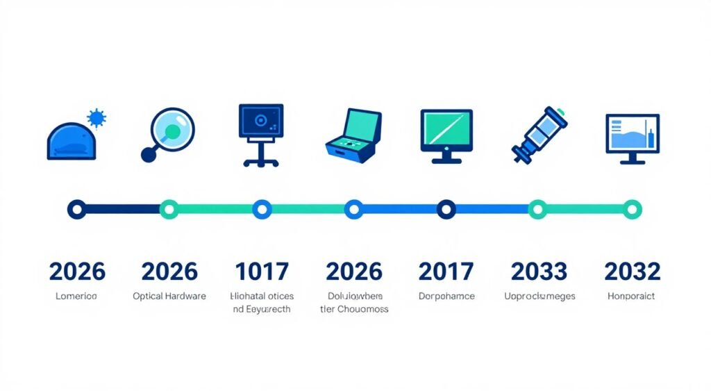 Optical Hardware Tech timeline infographic showing adoption phases
