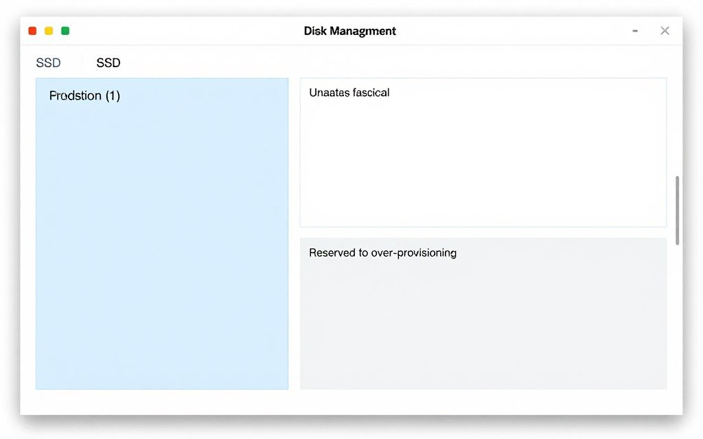 Over-provisioning setup process showing unallocated space in disk management