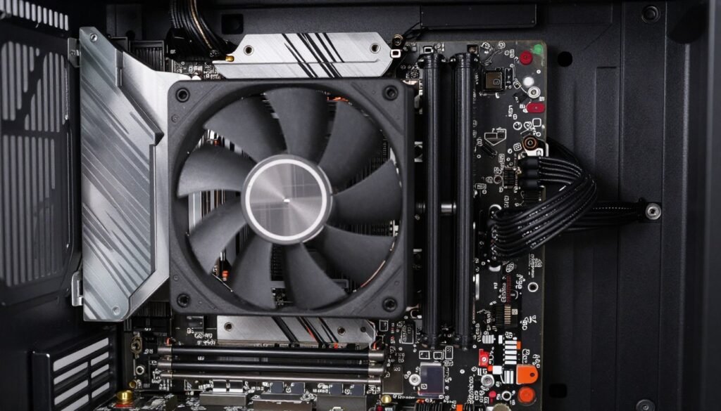 PC case with additional fan positioned to cool motherboard VRM area reducing thermal throttling