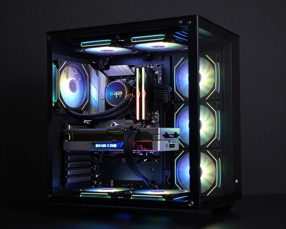 PC case with tempered glass side panel showing internal RGB components and cable management