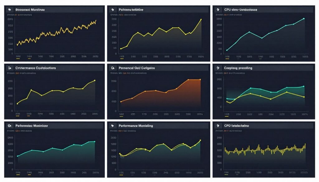 PC monitoring software dashboard displaying CPU, GPU, RAM, and storage performance metrics with bottleneck indicators PC monitoring software dashboard displaying CPU, GPU, RAM, and storage performance metrics with bottleneck indicators