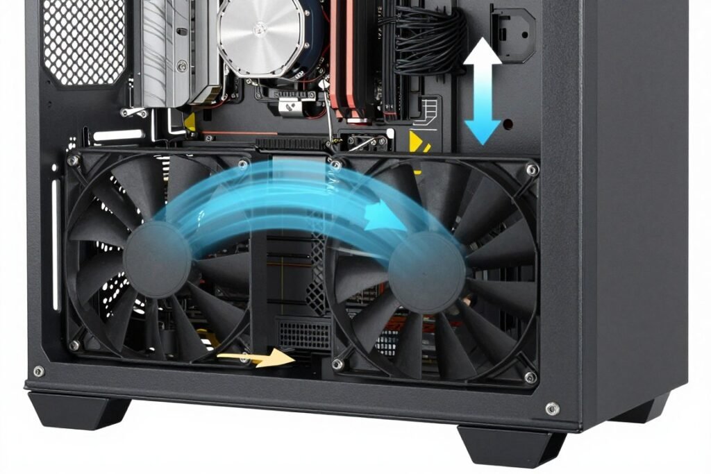 PSU mounting positions in PC case showing bottom-mount with fan orientation options