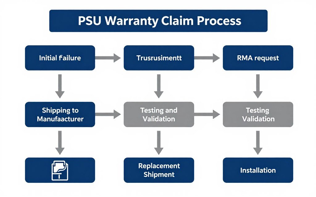 PSU warranty claim process flowchart showing steps from failure to replacement