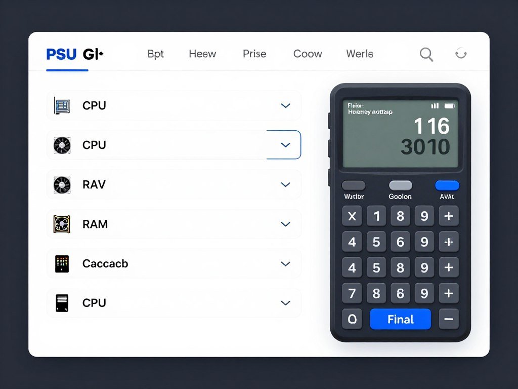 PSU wattage calculator showing component power requirements and recommended supply size