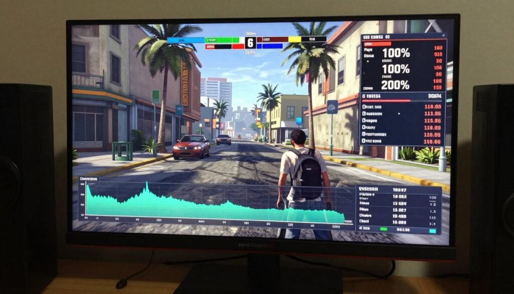 Performance graph showing FPS drops and stuttering with minimum spec hardware running GTA 6 in busy city area