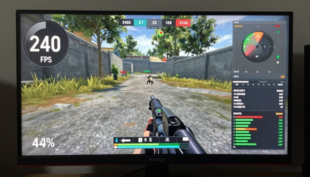 Performance monitoring overlay showing frame rate, frame time, and input lag metrics during gaming