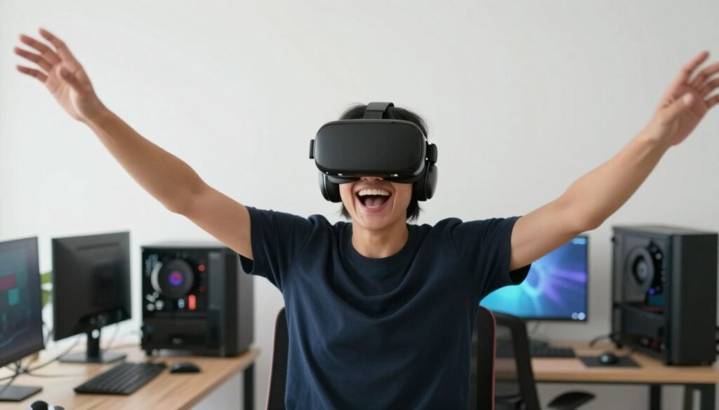 Person enjoying smooth wireless VR gaming experience Person enjoying smooth wireless VR gaming experience