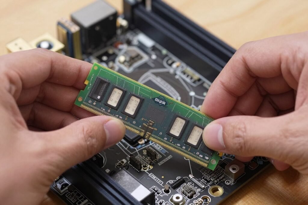 Person installing RAM into desktop computer