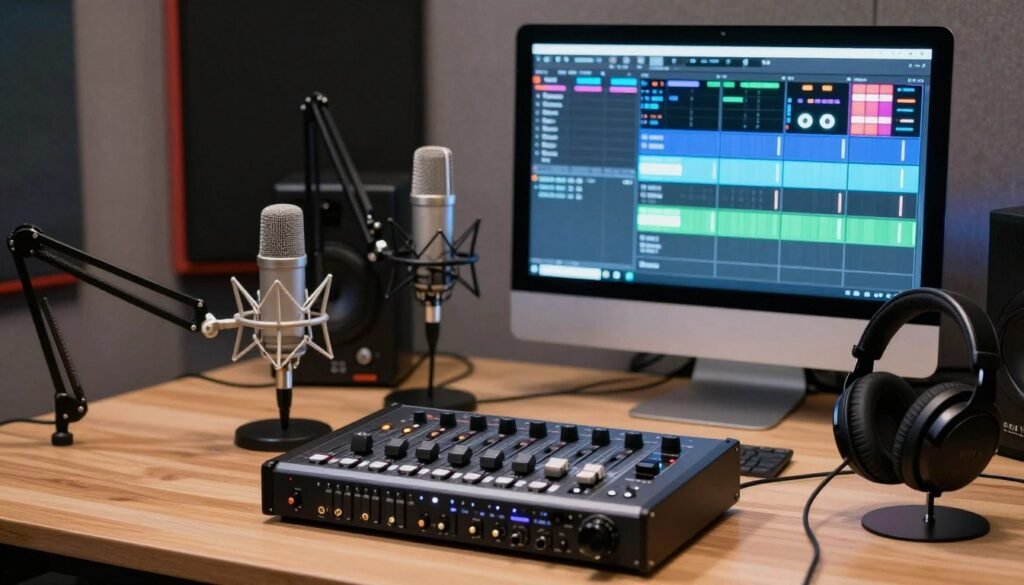 Podcast recording setup with multiple microphones connected to dedicated audio interface with mixer functionality