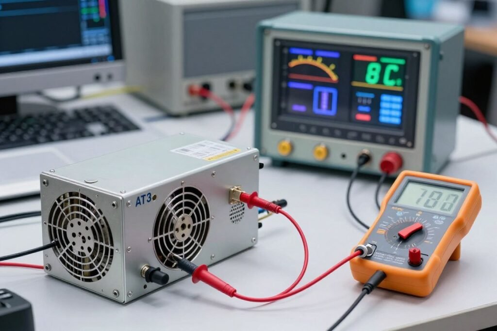 Power supply being tested with multimeter and load tester