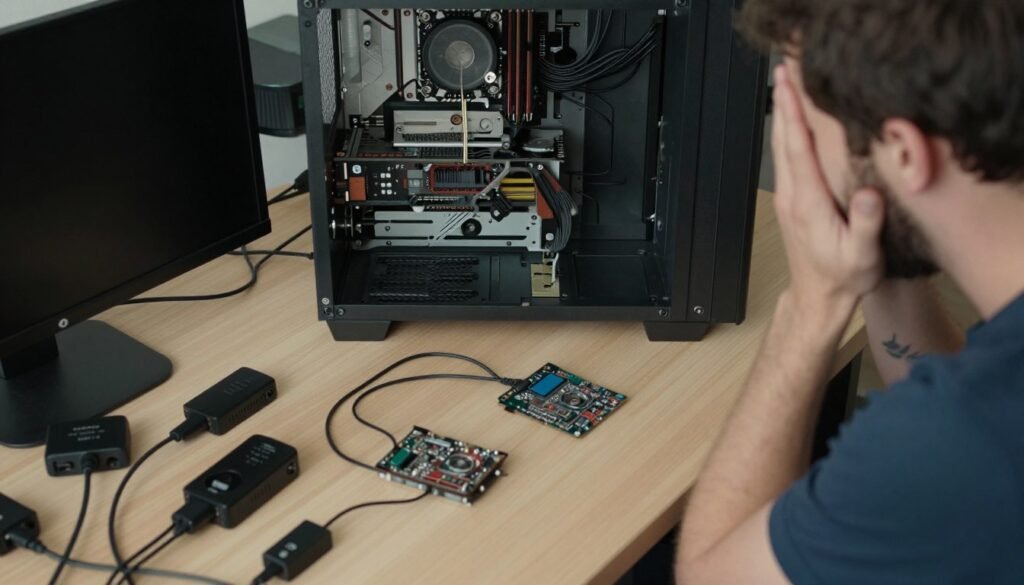 Pre-built PC with failed proprietary component showing upgrade difficulties