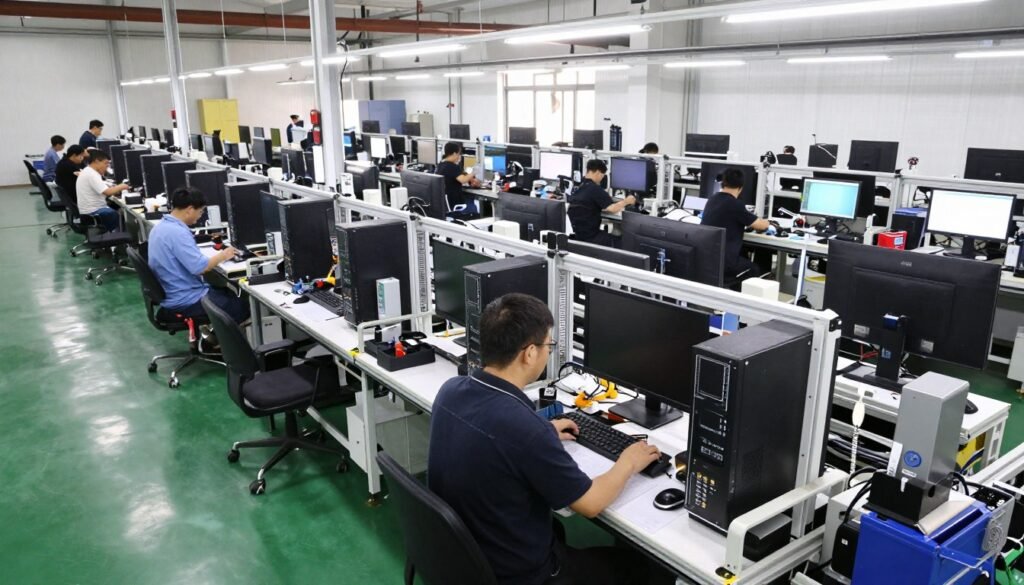 Pre-built computer assembly line showing proprietary connector manufacturing process
