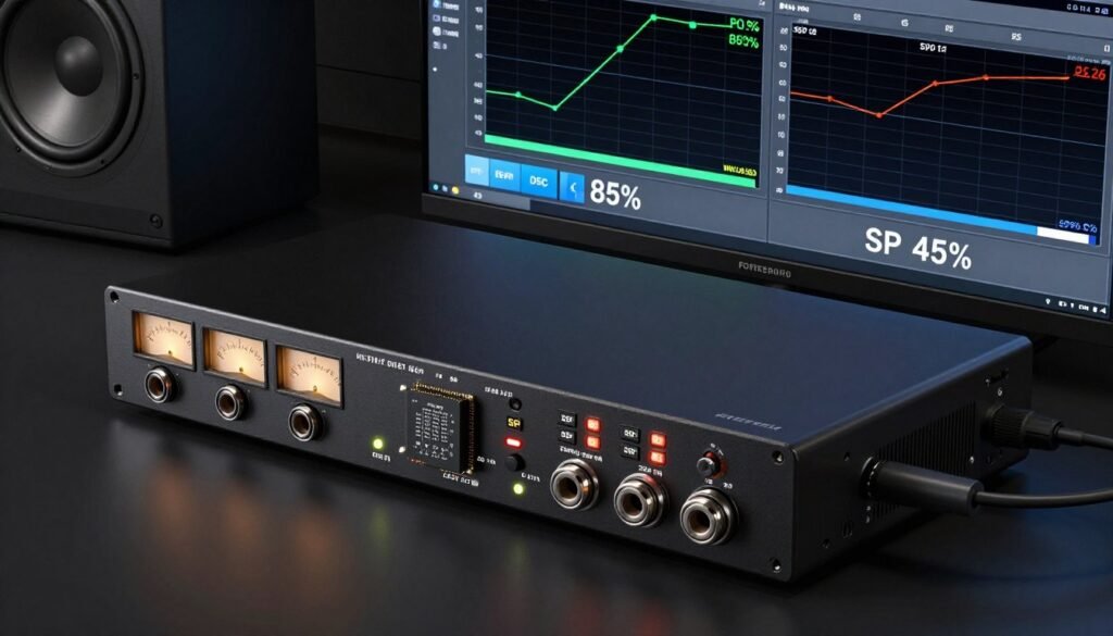 Professional audio interface with onboard DSP processing showing CPU usage reduction in real-world audio production scenario