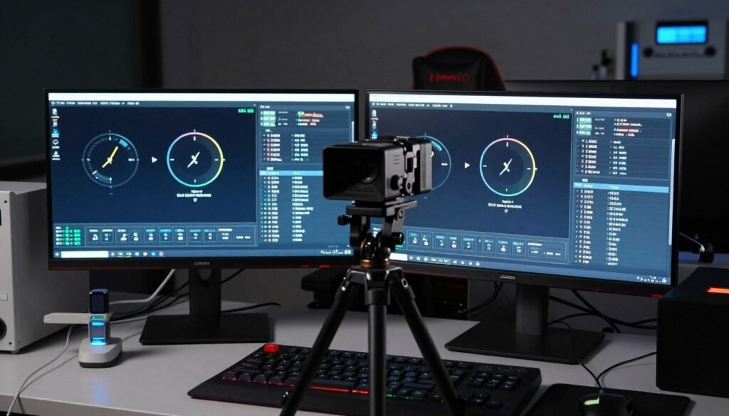 Professional input lag testing setup with high-speed camera pointed at two monitors displaying timer