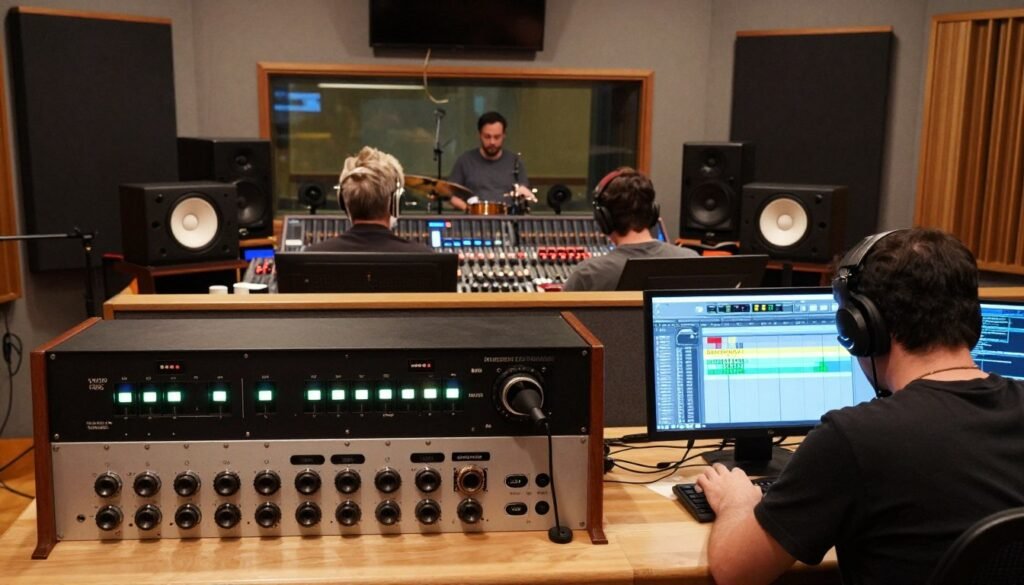 Professional recording studio setup with multiple musicians being recorded simultaneously through multi-input audio interface