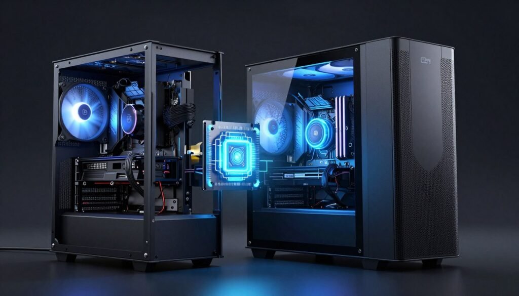 Quantum Gaming hybrid gaming PC concept with quantum processor integration