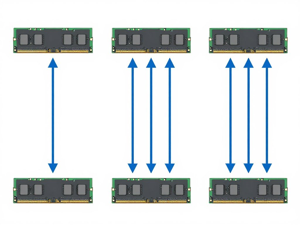 RAM channel config diagram illustrating single-channel, dual-channel, and quad-channel data path configurations