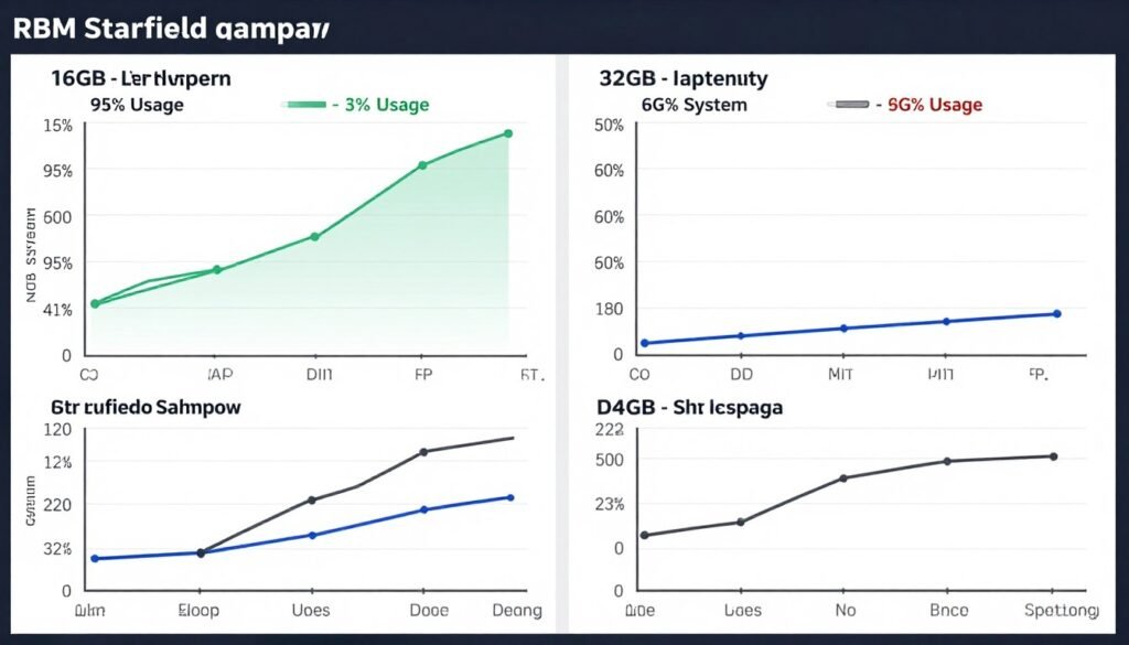 RAM usage comparison in Starfield showing 16GB vs 32GB system performance