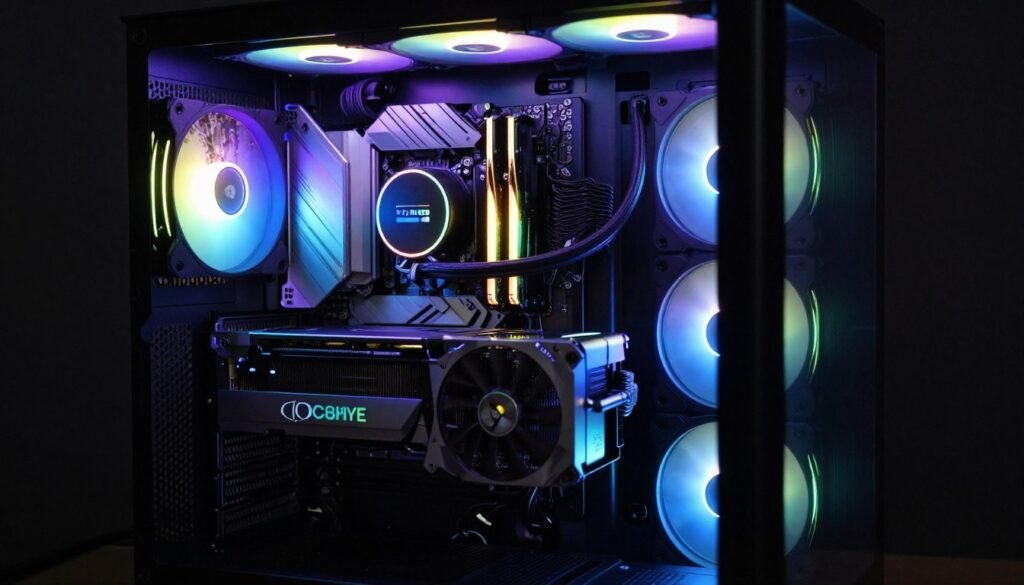 RGB PC build with synchronized lighting showing GPU, RAM, and case fans illuminated