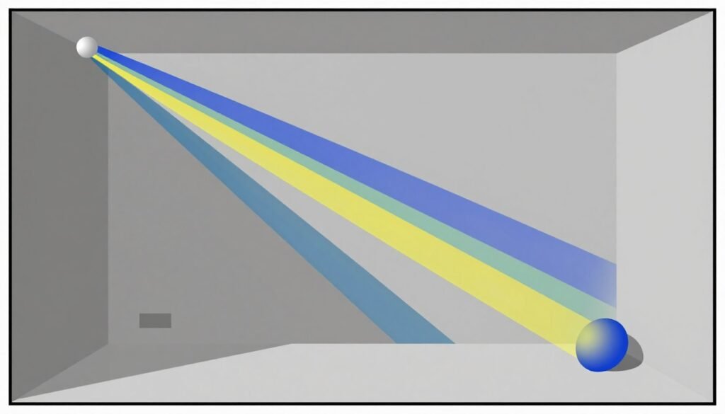Ray tracing diagram showing light paths bouncing through a 3D scene with multiple reflections