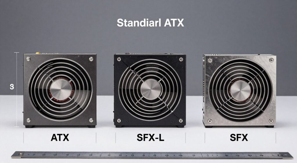 SFX and SFX-L power supplies compared to standard ATX showing size differences