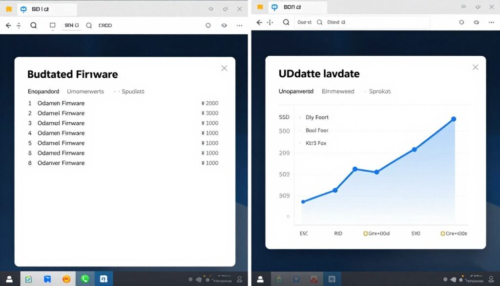 SSD firmware update interface showing before and after version comparison