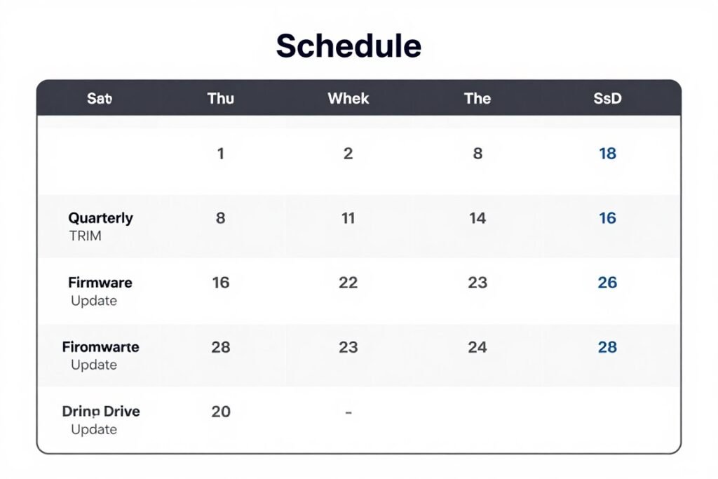 SSD maintenance checklist calendar showing quarterly and annual tasks