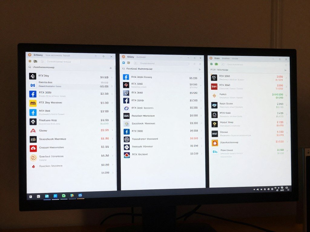 Screenshot comparison of GPU listings on eBay, Facebook Marketplace, and Reddit HardwareSwap showing different seller ratings and price points