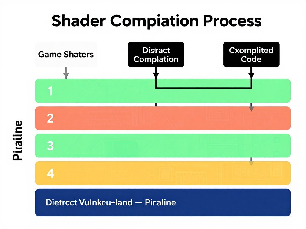 Shader compilation process diagram showing the translation from game code to GPU instructions with visual representation of compilation stages Shader compilation process diagram showing the translation from game code to GPU instructions with visual representation of compilation stages