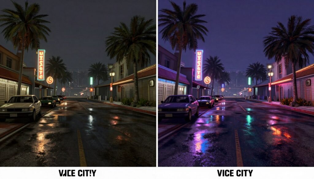 Side-by-side comparison of GTA 6 Vice City with ray tracing off vs on showing lighting and reflection differences