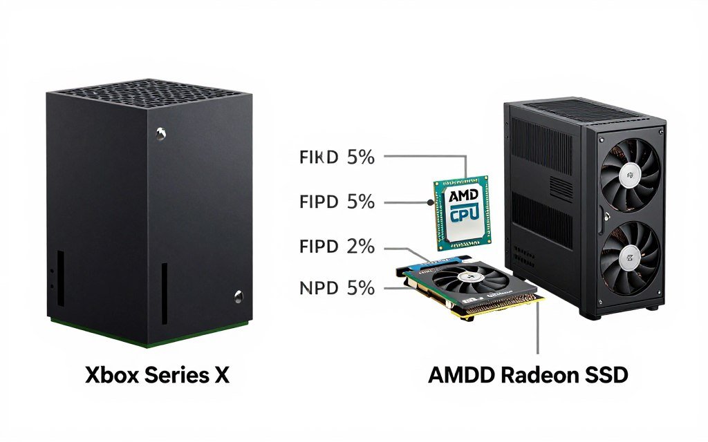 Side-by-side comparison of Xbox Series X hardware specs and equivalent PC components with bottleneck analysis overlay
