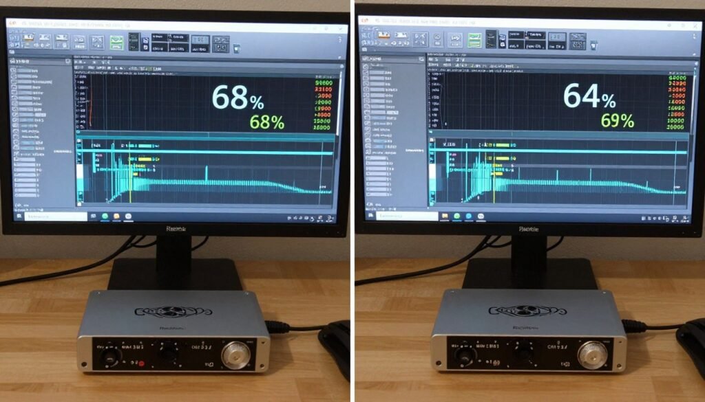 Side-by-side comparison of computer CPU usage monitoring with onboard audio versus dedicated audio interface