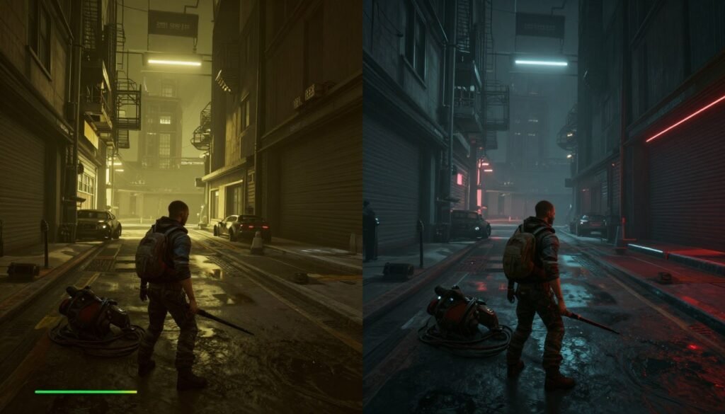 Side-by-side comparison of game scene with ray tracing off versus ray tracing on showing lighting differences