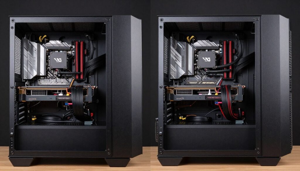 Side-by-side comparison of modular and non-modular power supply cable management inside PC case
